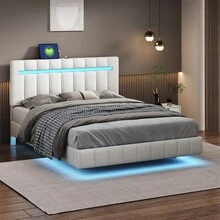 83inch X 64.6inch Queen Floating Bed Frame With LED Lights And USB Charging Modern Upholstered Platform LED Bed Frame, Multiple Light Color Adjustments White - trắng - Xem 2