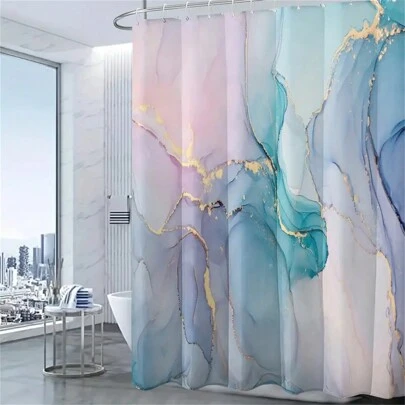 1pc Dreamy Marble Pattern Gold-Plated Bathroom Curtain, Decorative Curtain With Plastic Hooks, Suitable For Room, Home, Hotel, Machine Washable, Waterproof Bathroom Shower Curtain, 180x180cm (70.87x70.87 Inches), Home Bathroom Decor, Autumn Decor, Bathroom Accessories, Back To School Season