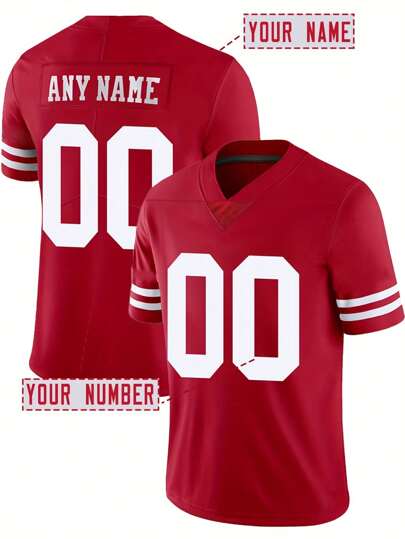 Customized Name And Number Boyfriend Style Men's Embroidered American Football Jersey San Francisco Red V-Neck Personalized Short Sleeved Shirt Party Game Training Competition Sports Top DIY S-XXL,Stylish,Fashion,Hipster,Casual,Minimal Chic,Personalized,Customized,Custom,Unique,Guy Costumes,Capsule Wardrobe,Men Basic/Street Style,Ideal Gifts For Him,Boyfriend,Family,Friends,For Birthdays,For Vacation/Holiday,For School/Competition,For Sports/Climbing
