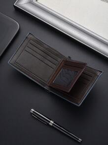 SHABILI 经典短款男士钱包复古青年超薄钱包学生多功能卡包新款时尚真皮钱包男士钱包钱夹男式钱包牛皮 - 藍色 - 查看 3