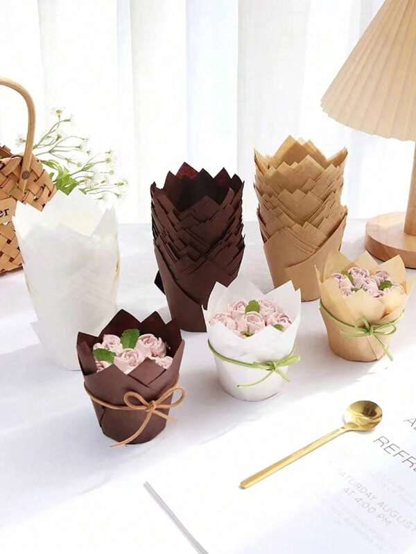 50pcs Tulip Flower Paper Cupcake Liners, Muffin Baking Cups, Flame Shaped Disposable Heat Resistant Grease-Proof Cake Cups