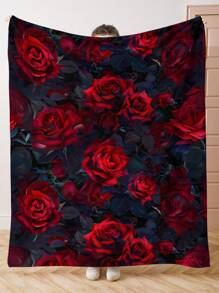 1 peça estilo pintura retrô, decoração luxuosa, rosa vermelha, padrão de flores e plantas cobertor de pelúcia macio, quente e versátil para sala de estar, sofá, espreguiçadeira, quarto, viagens, presente - Multicolorido - Ver 9