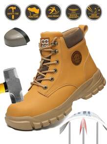 Men&Women's Comfortable & Safe Work Shoes, Anti-Crush, Anti-Puncture, Wear-Resistant With Steel Toe, Black/Yellow, High-Top, Anti-Pressure Construction/Garden Waterproof Safety Boots, Unisex Labor Protection Shoes