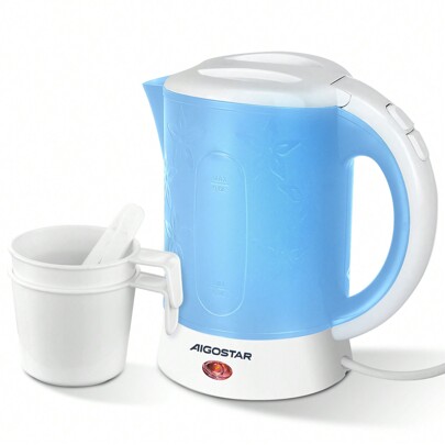 Aigostar Small Kettle Electric, 650W 0.6 Litre Lightweight Travel Kettle, Low Wattage Mini Portable Kettle With 2 Cups And 2 Spoons, Blue
