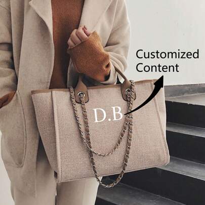 Custom Light Grey, Beige Monogram Canvas Tote Bag, Initial Handbag, Beach Bag, Bride & Birthday Gift, Chain Tote Bag Summer, Personalised Chain Monogram Canvas Tote Bag For Women, School Bag/College Backpack For School, For Graduation, For Business/Commute/Work/Office, School Supplies, For Teenagers, Junior High School Students, Middle School Students, High School Senior High School Students, College Students, University Students, Freshman, Sophomore, Underclassmen