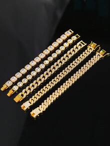 1 件奢华闪光水钻夸张嘻哈链手链，时尚男女通用珠宝，适合时尚人士 - 金黃色 - 查看 9