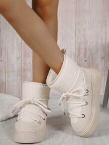 新款女士时尚舒适休闲雪地靴，圆头设计，加厚保暖内衬，系带装饰，套穿式，防滑厚底，适合冬季户外雪地活动 - 米色 - 查看 5