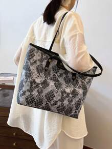 MIRFNE New Large-Capacity Snakeskin Pattern Tote Bag - Grey - View 2