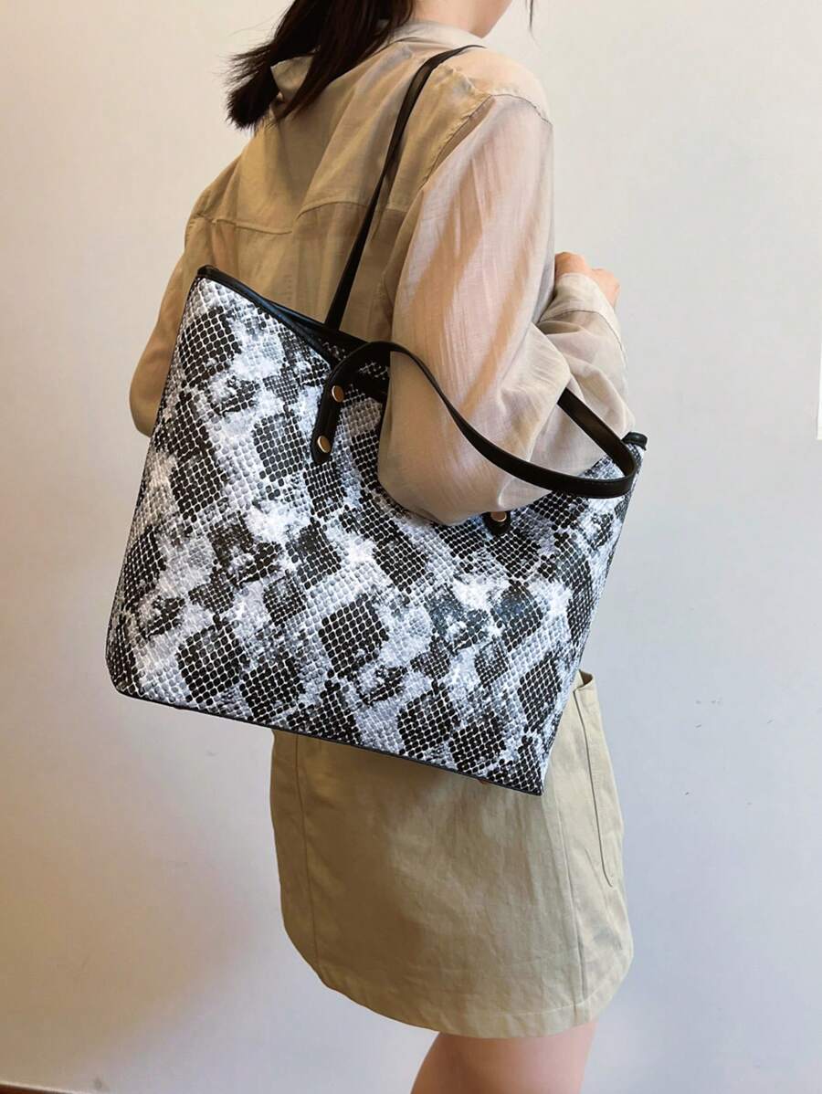 MIRFNE New Large-Capacity Snakeskin Pattern Tote Bag - Grey - View 1