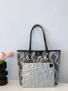 MIRFNE New Large-Capacity Snakeskin Pattern Tote Bag - Grey - View 3