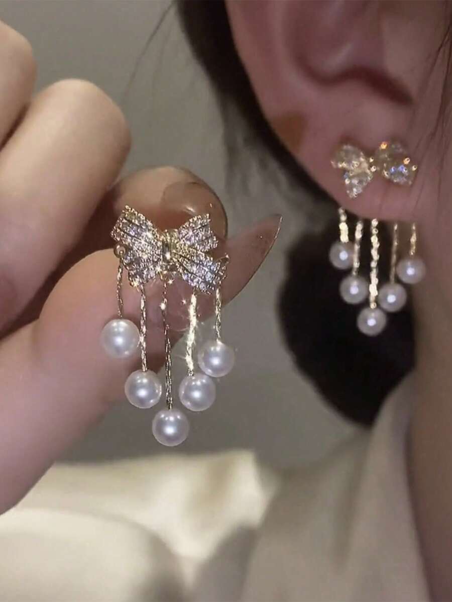 topshiny 1 件二合一女士蝴蝶结耳环，珍珠装饰流苏时尚首饰，适合派对和婚礼 - 流蘇 - 查看 1