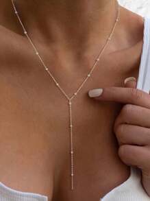 Minimalist Bead Necklace, Geometric Necklace - Single Layer Y Shape Silver - View 2