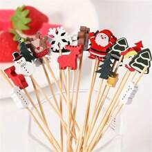 100pcs/Pack Christmas Themed Bamboo Picks - Santa, Reindeer, Snowman, Suitable For Cakes, Desserts, Fruits,Christmas