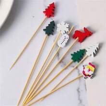 100pcs/Pack Christmas Themed Bamboo Picks - Santa, Reindeer, Snowman, Suitable For Cakes, Desserts, Fruits,Christmas