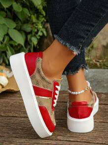 Plus Size Women's Shoes (36-43), Spring/Autumn New Fashionable Brown Floral Print With Red Lace-Up Thick Bottom Casual Sneakers For Daily Wear, Lightweight And Comfortable