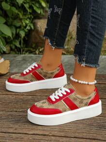 Plus Size Women's Shoes (36-43), Spring/Autumn New Fashionable Brown Floral Print With Red Lace-Up Thick Bottom Casual Sneakers For Daily Wear, Lightweight And Comfortable