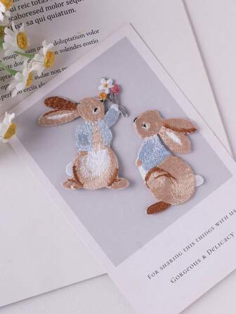 2pcs Rabbit Pattern Embroidery Patch, Cartoon Animal Applique, DIY Embroidered Stickers, Iron-On Sew-On Patches