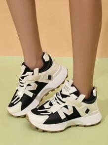 New Thick-Soled Women's Black & White Colorblock Chunky Sneakers, All Seasons Casual Breathable Mesh Running Elevator Fashion Sports Shoes