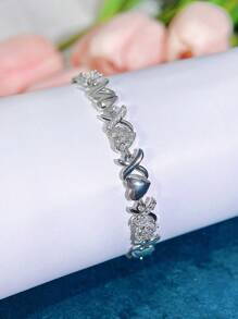 SEQUITO 1 pieza Brazalete de moda con dije con forma de corazón dorado y X, con piedras de cristal brillantes, hermoso accesorio de mano para uso diario, San Valentín