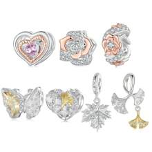bamoer Colgante de plata de ley 925 Bamoer con hoja de ginkgo amarilla/planta/flor/mariposa de circonia, cuenta de otoño con rosa para ajustar el brazalete de mujer de joyería fina DIY
