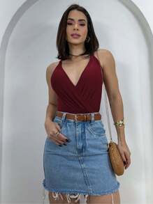 Body Blouse Low-Cut Front Crossover Tank Top - 酒紅色 - 查看 1