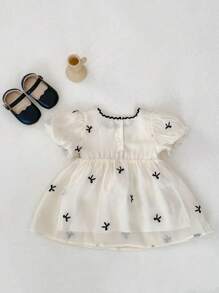 嬰幼女童蕾絲領絨短袖刺繡公主裙，夏季 - 杏色 - 查看 2