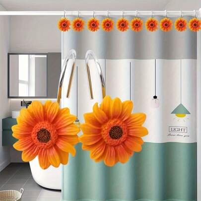 Sunflower Decorative Shower Curtain Hooks Rings, 12 PCS Sunflower Stainless Steel Decor Hooks Yellow Sunflower Curtain For Bathroom Decor Accessories