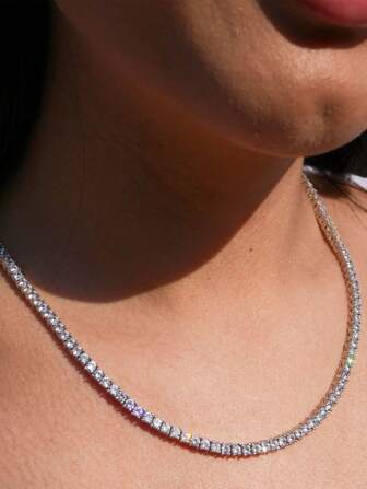 1 Pc 3mm Top Hip Hop Four Claw Moissanite Diamond Tennis Chain Necklace, Adjustable Clavicle Necklace (S925 Sterling Silver), Sparkling Light, Luxury High-End, Exquisite And Fine, Women's Jewelry Gift