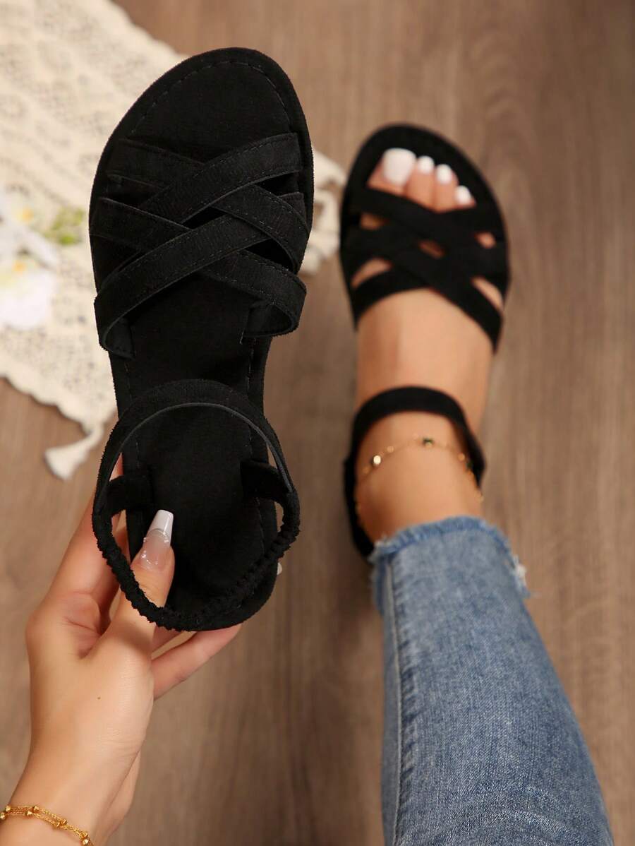 女士交叉踝帶涼鞋，優雅黑色平底涼鞋 - 黑色 - 查看 1