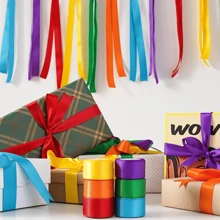 25 yardas de cinta decorativa para ramos de flores, cinta de satén de 4 cm para envolver regalos, lazos para empaquetar regalos de Navidad y San Valentín - Rojo, naranja, amarillo, verde, azul y morado - Ver 4