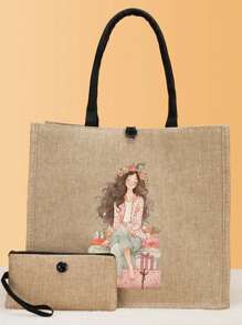 2 件快乐女孩印花手提袋、礼品盒和小女孩印花手提袋套装、轻便大容量手提袋、可重复使用的粗麻布购物袋、带化妆包的便携式旅行沙滩包、生日礼物、教师节、护士节、生日、周年纪念日、最佳礼物 - 卡其色 - 查看 2