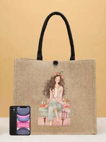 2 件快乐女孩印花手提袋、礼品盒和小女孩印花手提袋套装、轻便大容量手提袋、可重复使用的粗麻布购物袋、带化妆包的便携式旅行沙滩包、生日礼物、教师节、护士节、生日、周年纪念日、最佳礼物 - 卡其色 - 查看 4