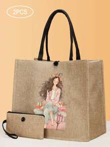 2 件快乐女孩印花手提袋、礼品盒和小女孩印花手提袋套装、轻便大容量手提袋、可重复使用的粗麻布购物袋、带化妆包的便携式旅行沙滩包、生日礼物、教师节、护士节、生日、周年纪念日、最佳礼物 - 卡其色 - 查看 1