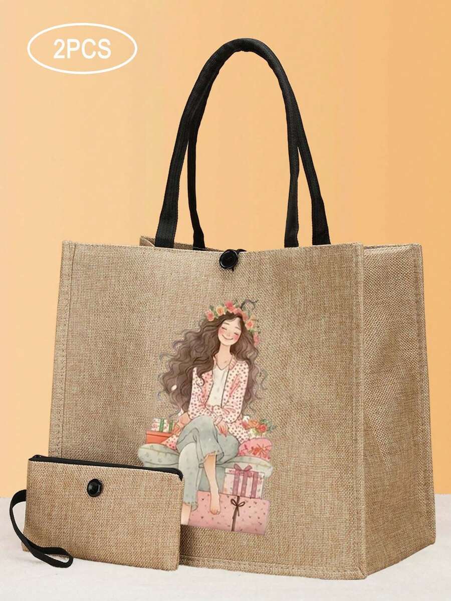 2 件快乐女孩印花手提袋、礼品盒和小女孩印花手提袋套装、轻便大容量手提袋、可重复使用的粗麻布购物袋、带化妆包的便携式旅行沙滩包、生日礼物、教师节、护士节、生日、周年纪念日、最佳礼物 - 卡其色 - 查看 1