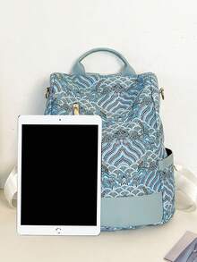 女士时尚背包，学校背包，休闲日背包，便携版，大容量，徒步背包，周末背包，大学背包，尼龙帆布时尚背包，夏季背包，度假必备旅行用品，周末露营，户外度假，通勤，学校，高中，大学休闲，极简主义，个性化学生，高中研究生，中学生，中学生，青少年女孩，女大学生，印花背包 - 藍色 - 查看 4