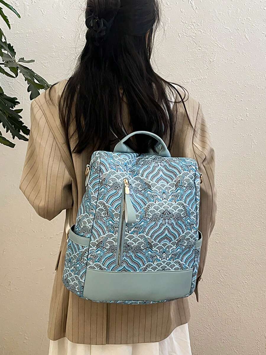 女士时尚背包，学校背包，休闲日背包，便携版，大容量，徒步背包，周末背包，大学背包，尼龙帆布时尚背包，夏季背包，度假必备旅行用品，周末露营，户外度假，通勤，学校，高中，大学休闲，极简主义，个性化学生，高中研究生，中学生，中学生，青少年女孩，女大学生，印花背包 - 藍色 - 查看 1