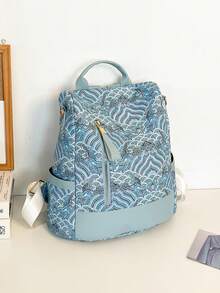 女士时尚背包，学校背包，休闲日背包，便携版，大容量，徒步背包，周末背包，大学背包，尼龙帆布时尚背包，夏季背包，度假必备旅行用品，周末露营，户外度假，通勤，学校，高中，大学休闲，极简主义，个性化学生，高中研究生，中学生，中学生，青少年女孩，女大学生，印花背包 - 藍色 - 查看 2