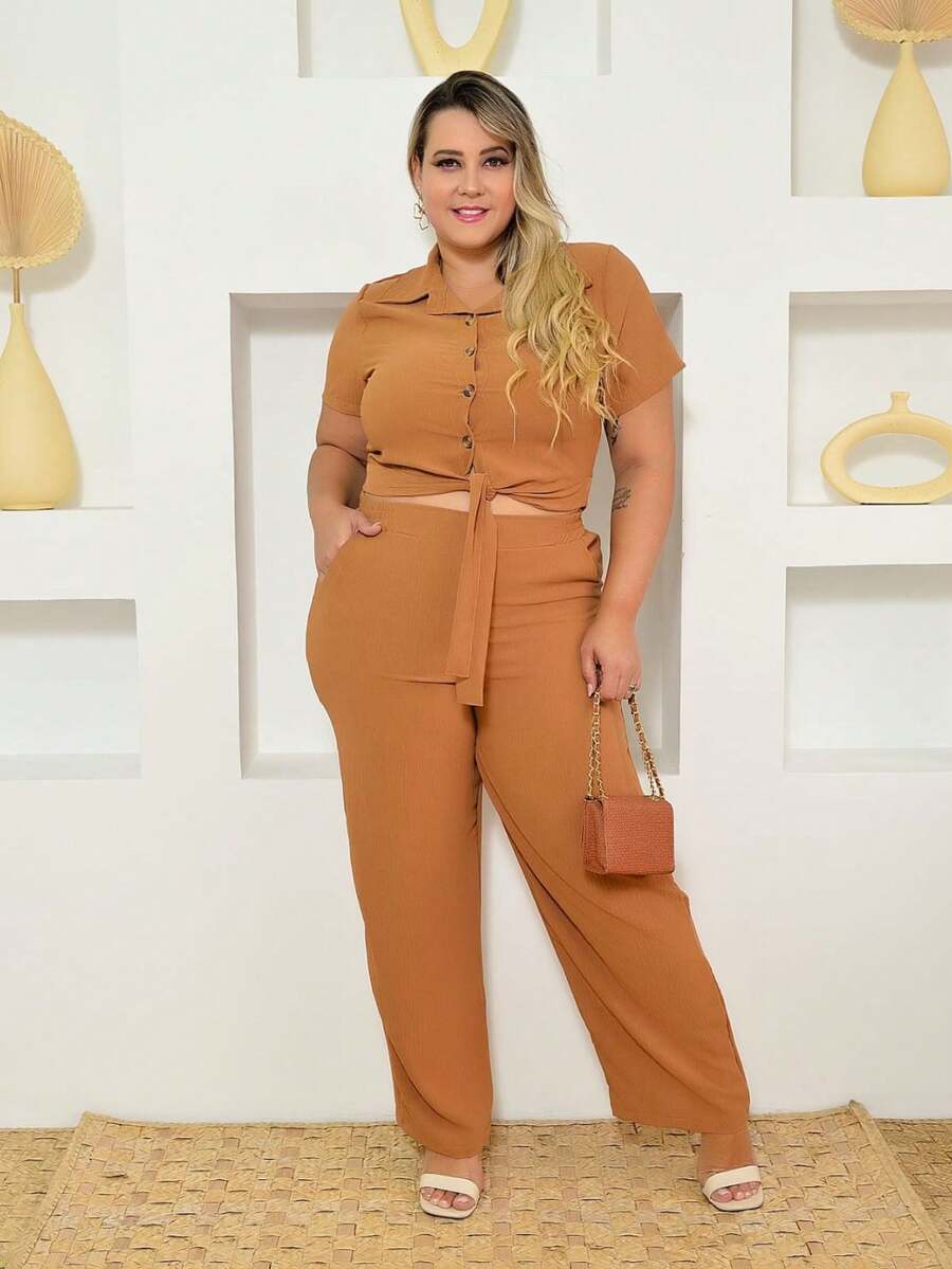 Plus Size Women's Set Pantaloon Pants And Blouse With Stylish Buttons - Camel - View 1