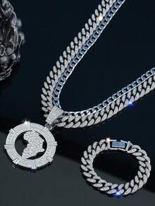 三件套嘻哈精美珠宝手链锌合金水钻时尚链条项链带手镯圆形地图吊坠男女通用 - 地圖 - 查看 12