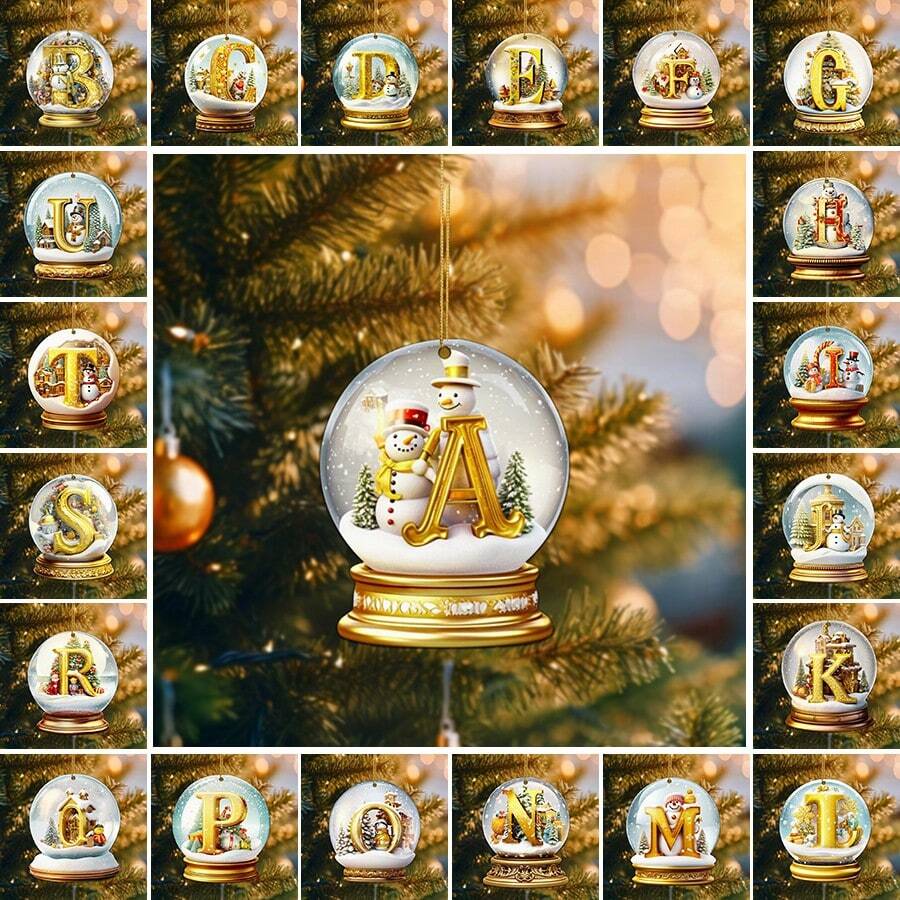 1/26 piezas 26 letras en inglés, bolas de nieve de cristal acrílico decoraciones de muñeco de nieve, adornos navideños, letras decorativas de la A a la Z decoraciones decorativas, carta navideña árbol de Navidad DIY, para decoración navideña y decoración estética de la habitación - Dorado - Ver 1