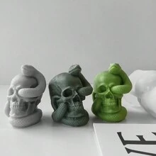 巨型恐怖蟒蛇爬上人类头骨硅胶模具，用于万圣节蜡烛，怪异蛇缠绕头骨，手绘石膏装饰，适用于家庭、万圣节派对，万圣节香薰石 DIY 制作工具 - 白色 - 查看 5
