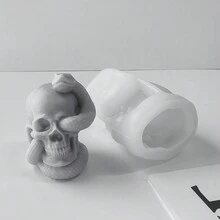 巨型恐怖蟒蛇爬上人类头骨硅胶模具，用于万圣节蜡烛，怪异蛇缠绕头骨，手绘石膏装饰，适用于家庭、万圣节派对，万圣节香薰石 DIY 制作工具 - 白色 - 查看 4