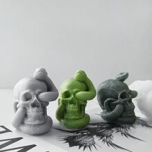 巨型恐怖蟒蛇爬上人类头骨硅胶模具，用于万圣节蜡烛，怪异蛇缠绕头骨，手绘石膏装饰，适用于家庭、万圣节派对，万圣节香薰石 DIY 制作工具 - 白色 - 查看 3