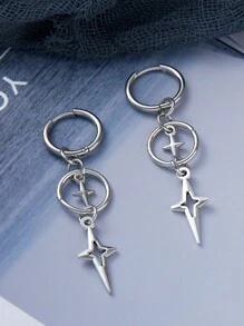 1pair Punk Star Cross Earrings For Women Korean Y2k Jewelry Accessories Gift Rock Grim Silver Color Hollow Heart Star Drop Ear Hooks - Hoa tai - Xem 4