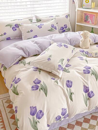 4pcs Bedding Set, Reversible Printed Design Duvet Cover Bed Sheet Pillow Cases, Soft Brushed Fabric,  Fade Resistant, Suitable For Bedroom, Guest Room, Dorm, Applicable For All Seasons
