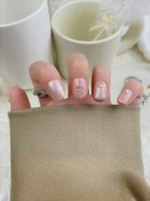 10 pièces Ensemble d'autocollants d'art d'ongle de fleurs de tulipe courtes carrées peintes à la main en rose