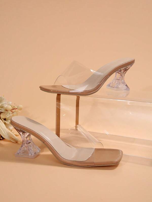 Wide Fit Ladies Summer New Transparent High Heel Slippers, Fashionable Special-Shaped Crystal Heel Sandals, Widened Sandals, Widened High Heels, Widened Slippers