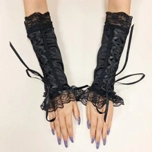 1 对时尚性感系带袖套，闪光蕾丝拼接露指手套，优雅缎面袖口，适合女士日常穿着、活动、派对、角色扮演 - 彩色 - 查看 10