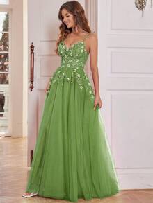 闪亮长款舞会礼服，3D 花朵手工珠饰，精致蕾丝舞会礼服，系带后背细肩带 V 领女士正式晚会礼服，亮片贴花晚礼服，及地长款返校节礼服，适合青少年 - 橄欖綠 - 查看 7