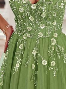 闪亮长款舞会礼服，3D 花朵手工珠饰，精致蕾丝舞会礼服，系带后背细肩带 V 领女士正式晚会礼服，亮片贴花晚礼服，及地长款返校节礼服，适合青少年 - 橄欖綠 - 查看 10